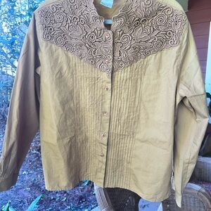 Rich Caramel Brown Long sleeve  XL embroidered Blouse Fall Wardrobe 100% Cotton